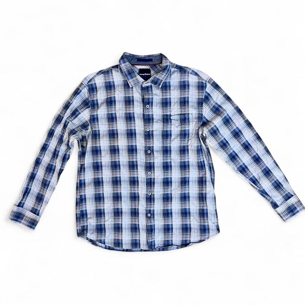 Tommy Bahama Blue and White Plaid Long Sleeve Button-Up Shirt Size XL